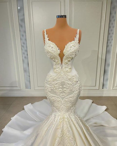 Image of Vintage Sexy Mermaid Wedding Dress 2022 V-neck Sleeveless Pearls Lace African Women White Bridal Wedding Gowns-FrenzyAfricanFashion.com