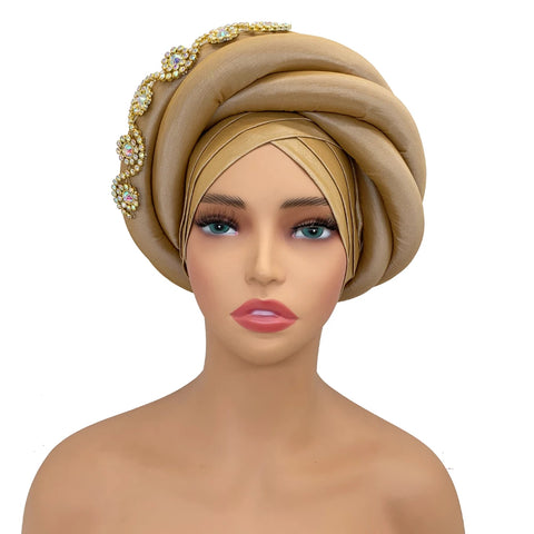 Image of Twisted Braid Turban Cap for Women African Lady Head Wraps Diamonds Nigeria Raw Silk Autogele Headtie Muslim Hat Party Headwear-FrenzyAfricanFashion.com