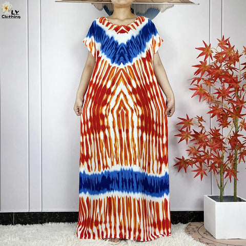 Image of Short Sleeve African Dashiki Tie-dyed Cotton Abaya Caftan Casual Dresses With Big Scarf-FrenzyAfricanFashion.com