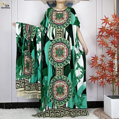 Image of Women Short Sleeve Cotton Loose Femme Robe Dresses With Big Scarf-FrenzyAfricanFashion.com