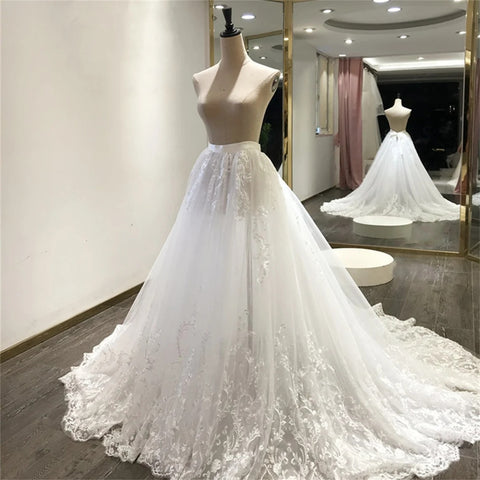 Image of Luxury Lace Appliques Wedding Detachable Skirt Removable Train for Dresses Bridal Overskirt-FrenzyAfricanFashion.com