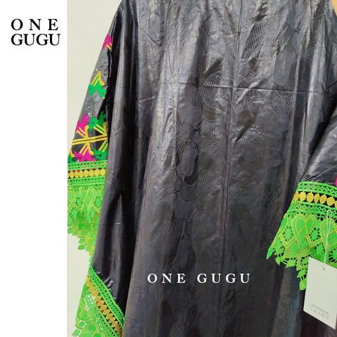 Image of African Traditional Bazin Riche Boubou With Brocade Guipure And Stones Black Nigerian Mali Sewn Dashiki Gown Dress Mix Size Robe-FrenzyAfricanFashion.com