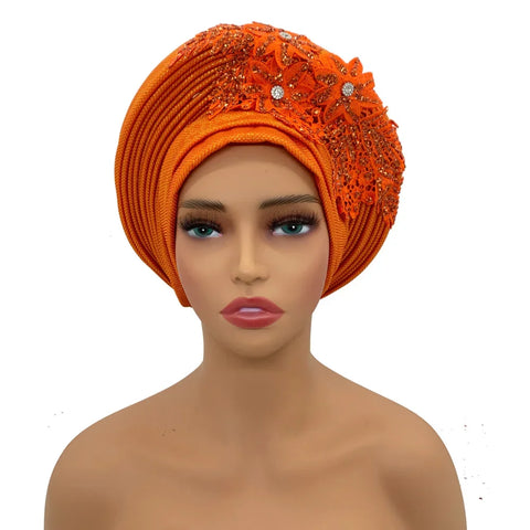 Image of Embroidery Flower African Autogele Headtie Women's Fashion Turban Cap Wedding Gele Party Headpiece Nigeria Female Head Wraps-FrenzyAfricanFashion.com