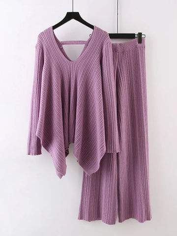 Image of Irregular Knitted 2 Piece Set Women's V-neck Backless Long Sleeves Solid Sweater High Waist Wide Leg Trousers-FrenzyAfricanFashion.com