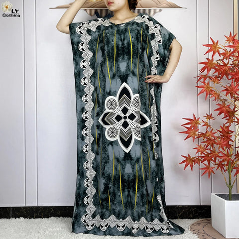 Image of Women Short Sleeve Cotton Loose Femme Robe Dresses With Big Scarf-FrenzyAfricanFashion.com