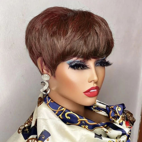 Image of Brown Short Pixie Cut Wig Human Hair For Black Women Machine Made Wigs With Bangs Colored Glueless Wig Human Hair Wigs-FrenzyAfricanFashion.com