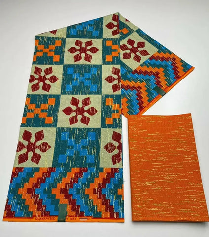 Image of Kente Gold Real Wax Fabric Nigeria Ghana Style Sewing Dress Craft Cotton Fabric 6 Yard (2 + 4)-FrenzyAfricanFashion.com