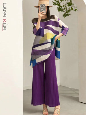 2 Pieces Sets For Women Loose Long Color Block Shirt With Wide Leg Pants Female Fashion Clothing-FrenzyAfricanFashion.com