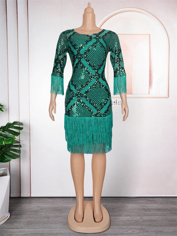 Image of Elegant Sequin Dresses For Women African Clothing Wedding Party Evening Gown Dashiki Tassel Bodycon Robe Dubai Turkey Dress-FrenzyAfricanFashion.com