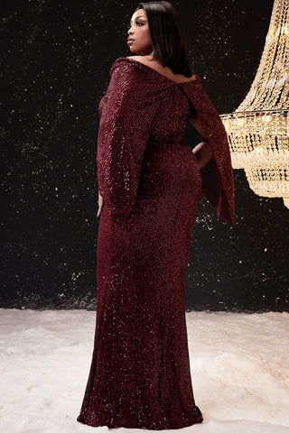 Image of Women Plus Size Formal Dress Burgundy Cape Off The Shoulder Sequin Wedding Guest Cocktail Slim Elegant Maxi Dresses 2024-FrenzyAfricanFashion.com