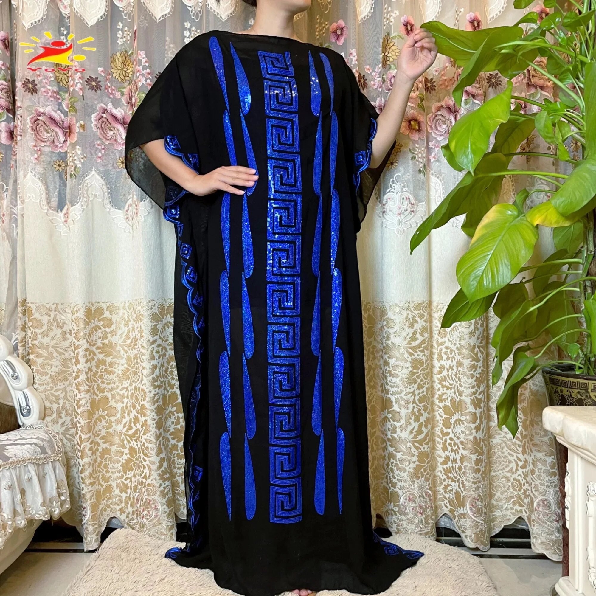 Women Abaya African Embroidery Flower Dress With Scarf-FrenzyAfricanFashion.com