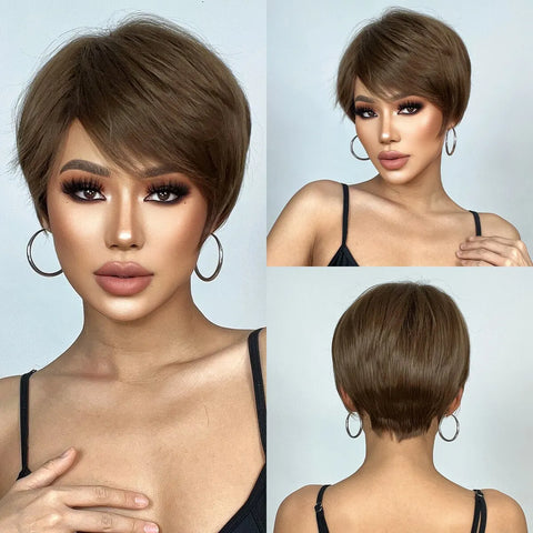 Image of Pixie Cut Wigs for Women Natural Synthetic Short Black Layered Hair Wig with Fluffy Bangs Afro Daily Heat Resistant-FrenzyAfricanFashion.com