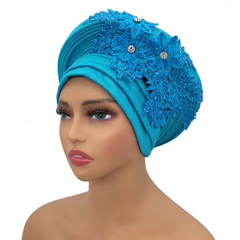 Image of Embroidery Flower African Autogele Headtie Women's Fashion Turban Cap Wedding Gele Party Headpiece Nigeria Female Head Wraps-FrenzyAfricanFashion.com