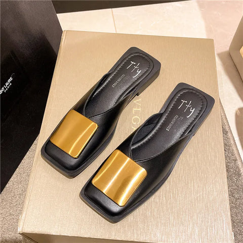 Image of Women Slippers Mules Flat Heels Square Toe Shallow Shoes Outdoor Slide Casual Sandal-FrenzyAfricanFashion.com