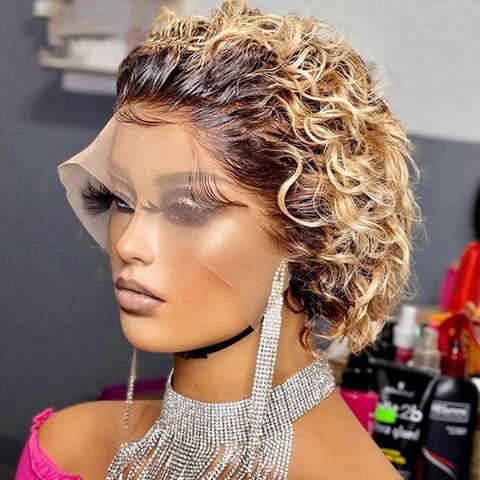 Image of Pixie Cut Wig 99J Color Lace Wig Spring curl Short Bob Human Hair Wig For Women Natural Black Color Blonde Jarin Hair Cheap Wig-FrenzyAfricanFashion.com