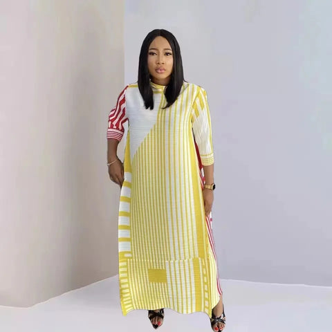 Image of New Miyake Pleated Stripe Print Dress Fashion Relaxed Party Temperament Long Dress Spring Elegant Women's-FrenzyAfricanFashion.com