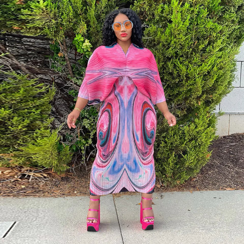 Image of Women Pleated Batwing Long Sleeve V-neck Slim Maxi Long Dress Ruched Dresses-FrenzyAfricanFashion.com