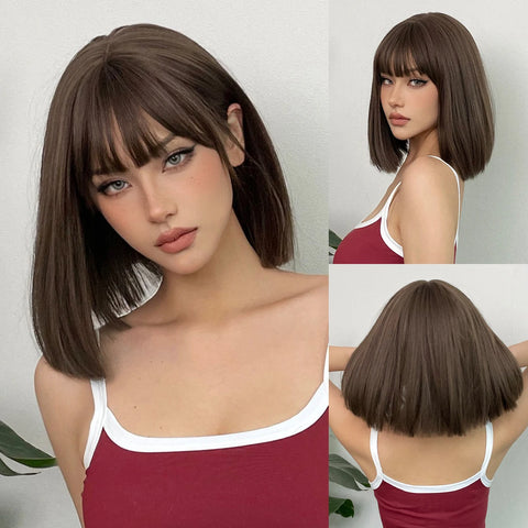 Image of Short Black Brown Synthetic Natural Hair Wigs for Women Bob Straight Wig with Bangs High Temperature Daily Cosplay Party Wigs-FrenzyAfricanFashion.com