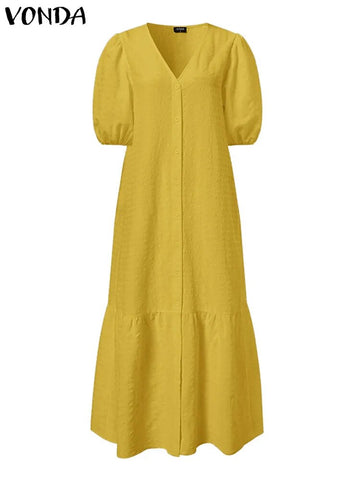 Image of Women Shirt Dress Sexy V Neck Buttons Half Sleeve Long Maxi Bohemian-FrenzyAfricanFashion.com