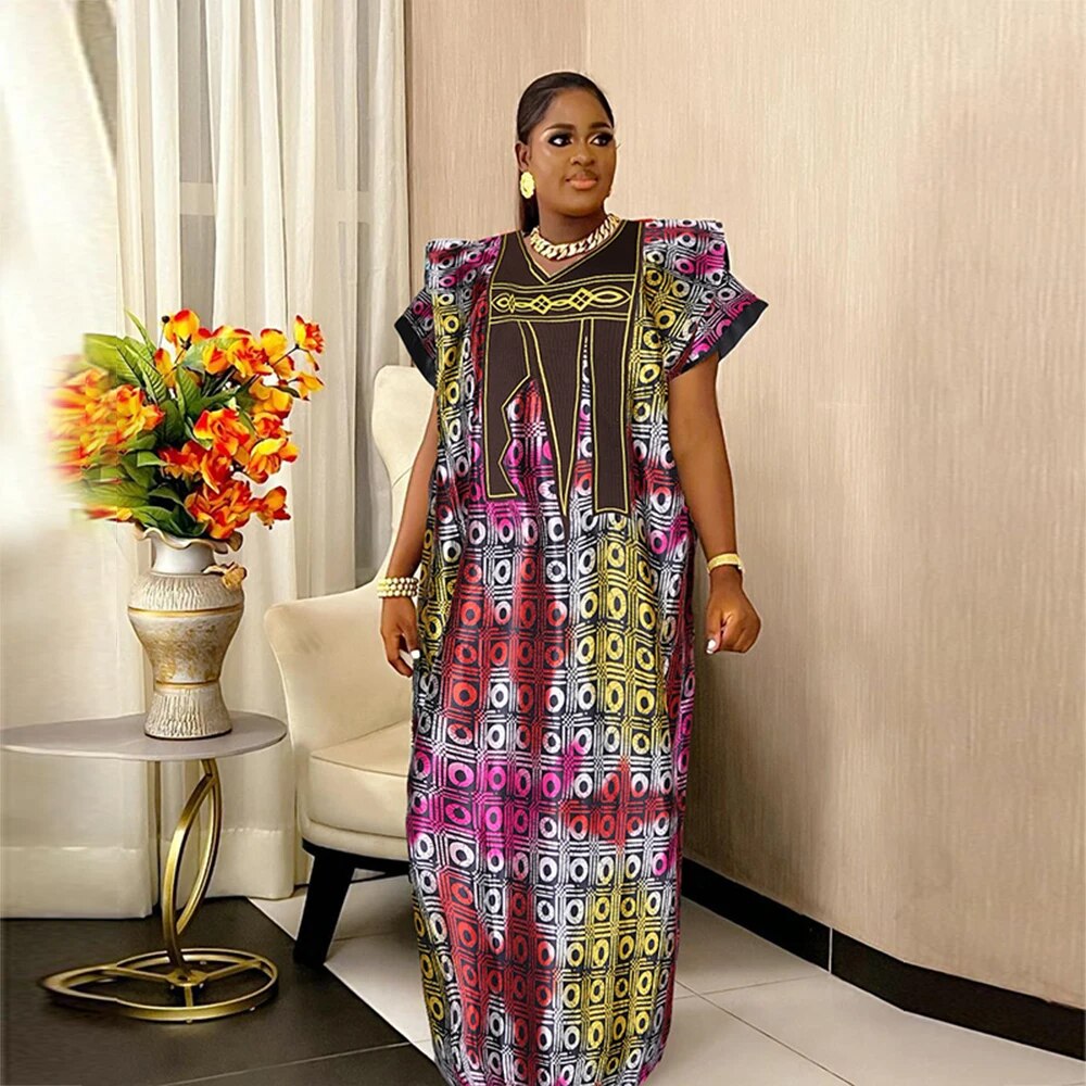 African Dresses For Women Traditional Embroidery Bazin Dress-FrenzyAfricanFashion.com