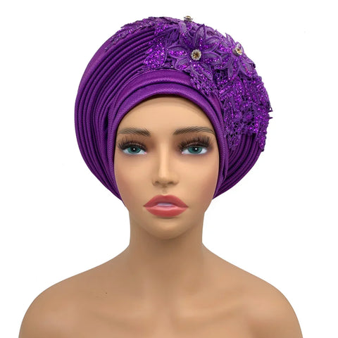 Image of Embroidery Flower African Autogele Headtie Women's Fashion Turban Cap Wedding Gele Party Headpiece Nigeria Female Head Wraps-FrenzyAfricanFashion.com