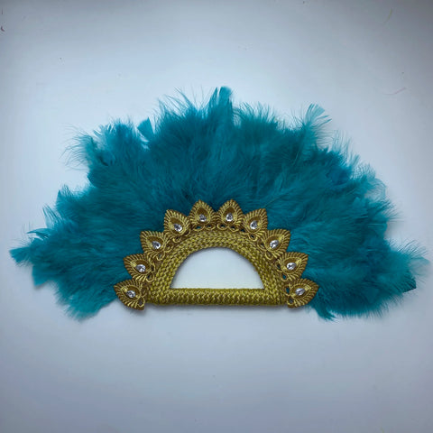 Image of Big Size Design African Blue Feather Fan Ladies Wedding Feather Fan For Bride Double Side Feather Nigerian Stones Dance Handfan-FrenzyAfricanFashion.com