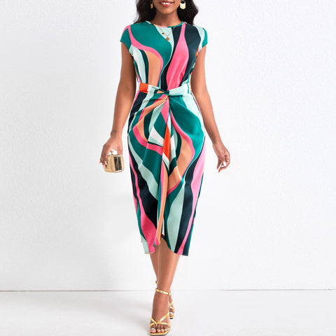 Image of Women Abstract Printed Round Neck Dress-FrenzyAfricanFashion.com