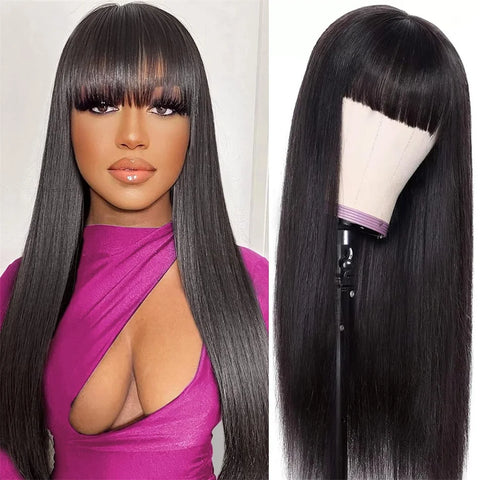 Image of Silky Wig Human Hair Full Machine Made Straight 100% Human Hair Wigs With Bangs For Women Brazilian Cheap Wig On Sale Clearance-FrenzyAfricanFashion.com