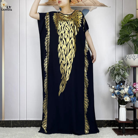 Image of Luxury Party Black and Gold Dress With Big Scarf Boubou Maxi Women Abaya Clothing-FrenzyAfricanFashion.com