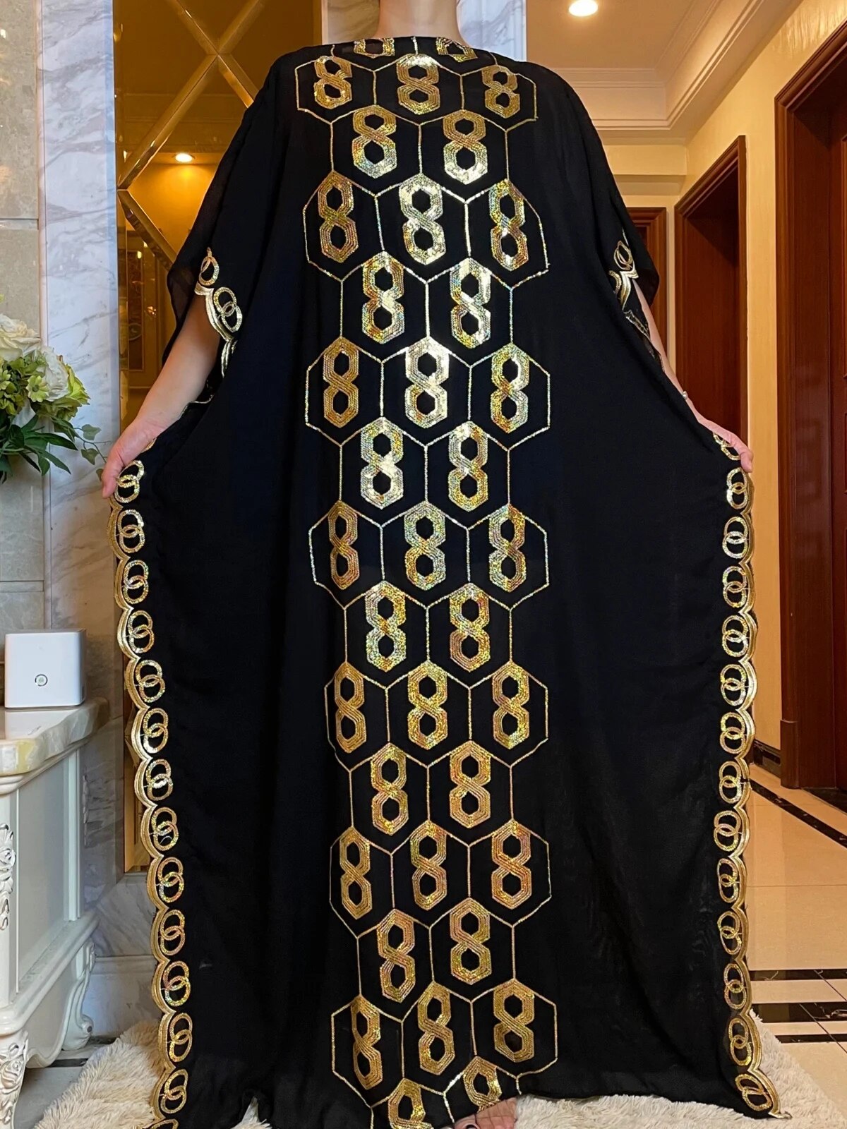 Women Abaya African Embroidery Flower Dress With Scarf-FrenzyAfricanFashion.com