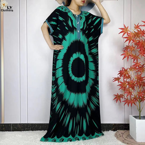 Image of Party Dress Women Loose Cotton Short Sleeve Maxi Robe Floral Abaya-FrenzyAfricanFashion.com