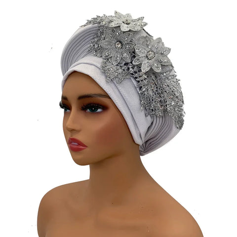 Image of Embroidery Flower African Autogele Headtie Women's Fashion Turban Cap Wedding Gele Party Headpiece Nigeria Female Head Wraps-FrenzyAfricanFashion.com