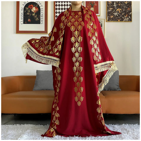 Image of Women Dubai Stretch Print Loose Fit Elegant Dresses Caftan Moroccan Robe With Headscarf-FrenzyAfricanFashion.com