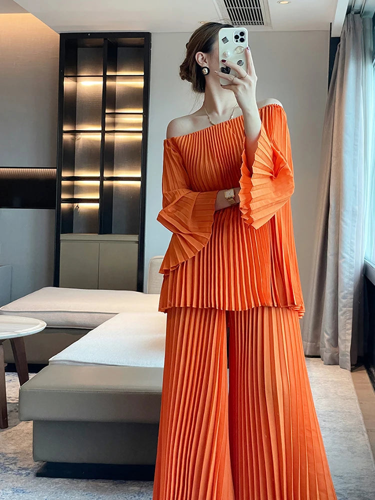 Elegant Pleated Set Women Loose Flare Sleeves Fold Blouse Wide Leg Pants-FrenzyAfricanFashion.com