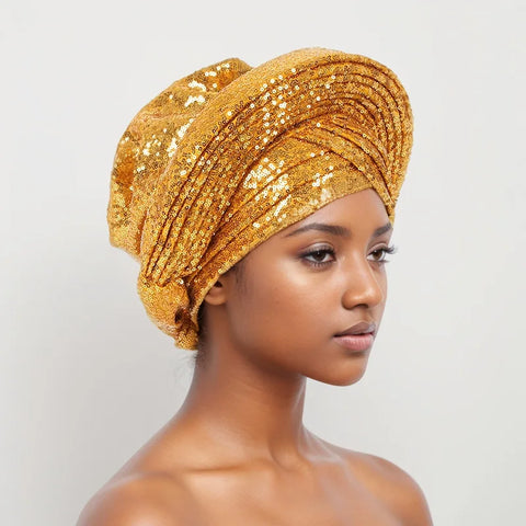 Image of Sequins Auto Gele Headtie African Women's Head Wraps Fashion Turban Cap Nigeria Wedding Geles Already Made Head Ties Headpiece-FrenzyAfricanFashion.com