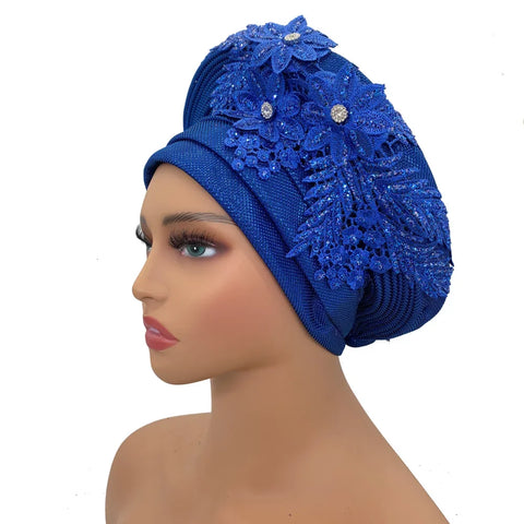 Image of Embroidery Flower African Autogele Headtie Women's Fashion Turban Cap Wedding Gele Party Headpiece Nigeria Female Head Wraps-FrenzyAfricanFashion.com