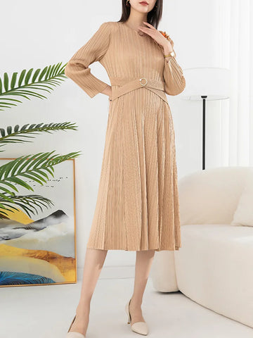 Image of Waist Pleated Dress For Women V-neck Long Sleeves Designer Spliced Dresses-FrenzyAfricanFashion.com