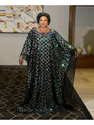 Image of Unique Plus Size African Print Dashiki Dress with Batwing Sleeves and Glitter Sequin Accents for Women-FrenzyAfricanFashion.com