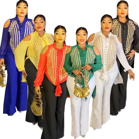 Image of Casual Pant Sets 2 Piece Women Long Sleeve Sequins Blouses Tops And Straight Pants Suits Outfits Two Piece Matching Set Outfit-FrenzyAfricanFashion.com