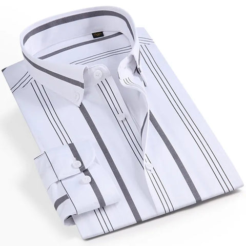 Image of Men's Fashion Long Sleeve Vrtical Stripe Dress Shirts Without Pocket Comfortable Standard-fit Versatile Casual Button-down Shirt-FrenzyAfricanFashion.com