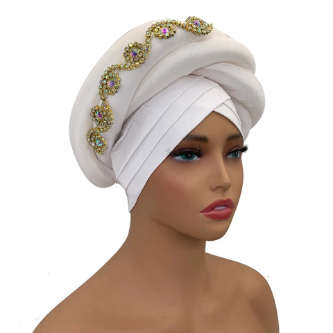 Image of Twisted Braid Turban Cap for Women African Lady Head Wraps Diamonds Nigeria Raw Silk Autogele Headtie Muslim Hat Party Headwear-FrenzyAfricanFashion.com