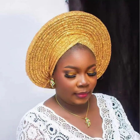 Image of Sequins Auto Gele Headtie African Women's Head Wraps Fashion Turban Cap Nigeria Wedding Geles Already Made Head Ties Headpiece-FrenzyAfricanFashion.com