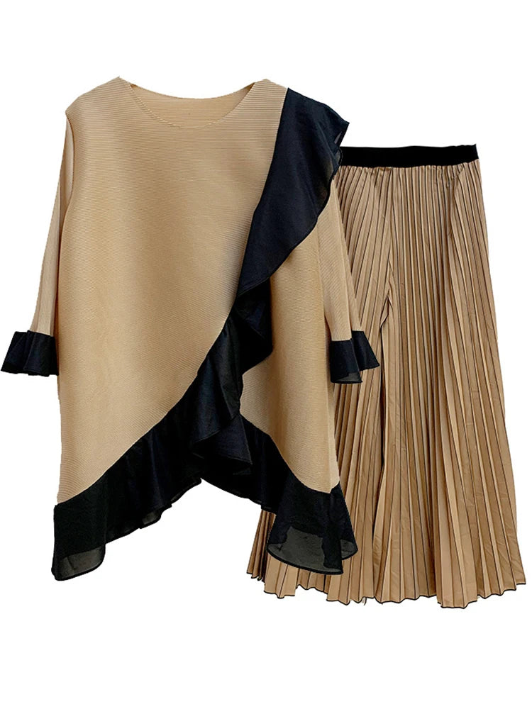 Ruffled Irregular Top+casual Wide Leg Pants Two-piece Pleated Set Loose Elegant Clothing-FrenzyAfricanFashion.com