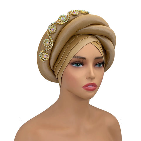 Image of Twisted Braid Turban Cap for Women African Lady Head Wraps Diamonds Nigeria Raw Silk Autogele Headtie Muslim Hat Party Headwear-FrenzyAfricanFashion.com