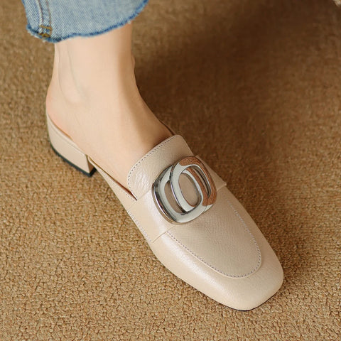 Image of Plus size 34-41 women's genuine leather square toe slip-on flats summer mules metal buckle decoration casual female sandals shoe-FrenzyAfricanFashion.com