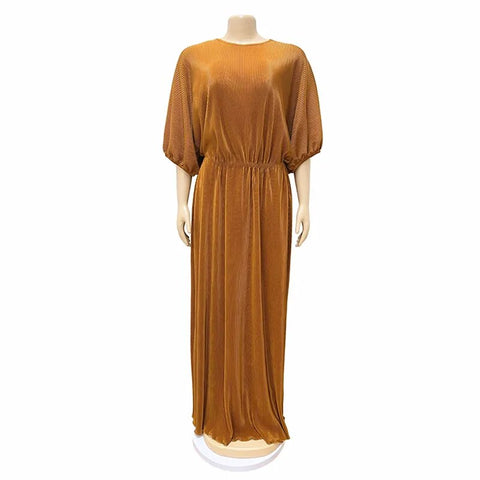 Image of Women Elastic Waist Robe Party Elegant Solid Maxi Dress Fashion O-neck Half Bat Sleeve Pleating Dresses Oversized-FrenzyAfricanFashion.com