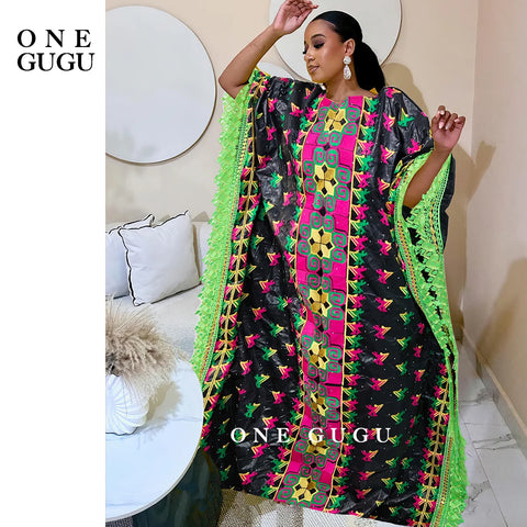 Image of African Traditional Bazin Riche Boubou With Brocade Guipure And Stones Black Nigerian Mali Sewn Dashiki Gown Dress Mix Size Robe-FrenzyAfricanFashion.com