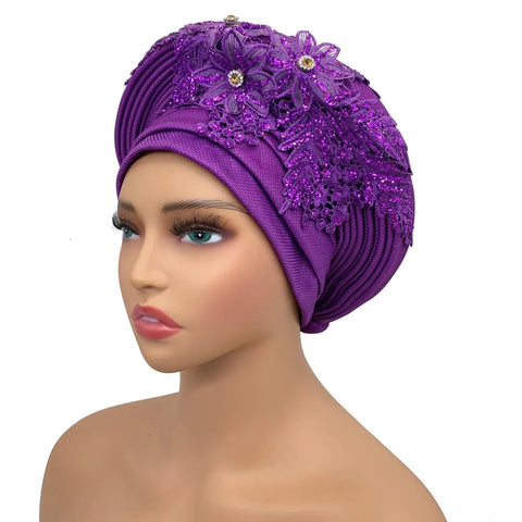 Image of Embroidery Flower African Autogele Headtie Women's Fashion Turban Cap Wedding Gele Party Headpiece Nigeria Female Head Wraps-FrenzyAfricanFashion.com