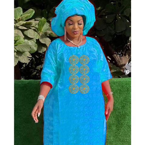 Image of Turkey Dresses For Women African Designer Bazin Riche Evening Gowns Large Size Original Basin Headscarf With Dashiki Robe Cloth-FrenzyAfricanFashion.com