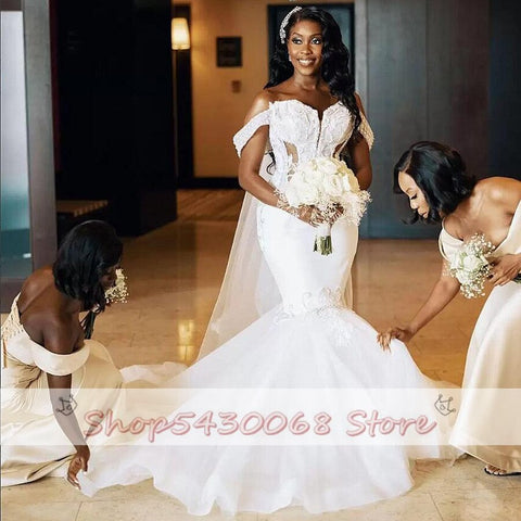 Image of Mermaid Wedding Dresses Off The Shoulder Sweetheart Sexy Beads Appliques Bridal Dress-FrenzyAfricanFashion.com